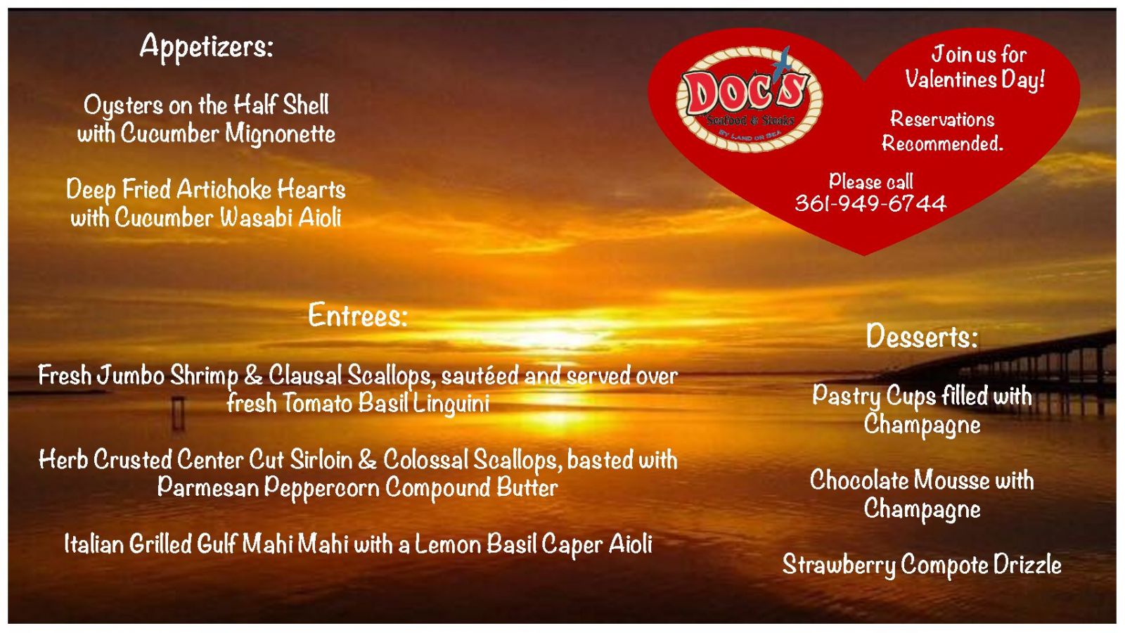 Valentine's Day event flyer for Doc's Seafood &amp; Steaks