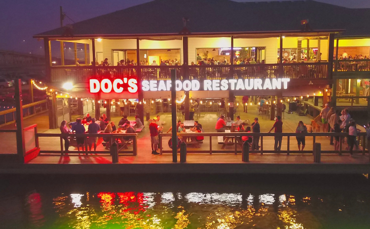 The exterior of Doc's at night